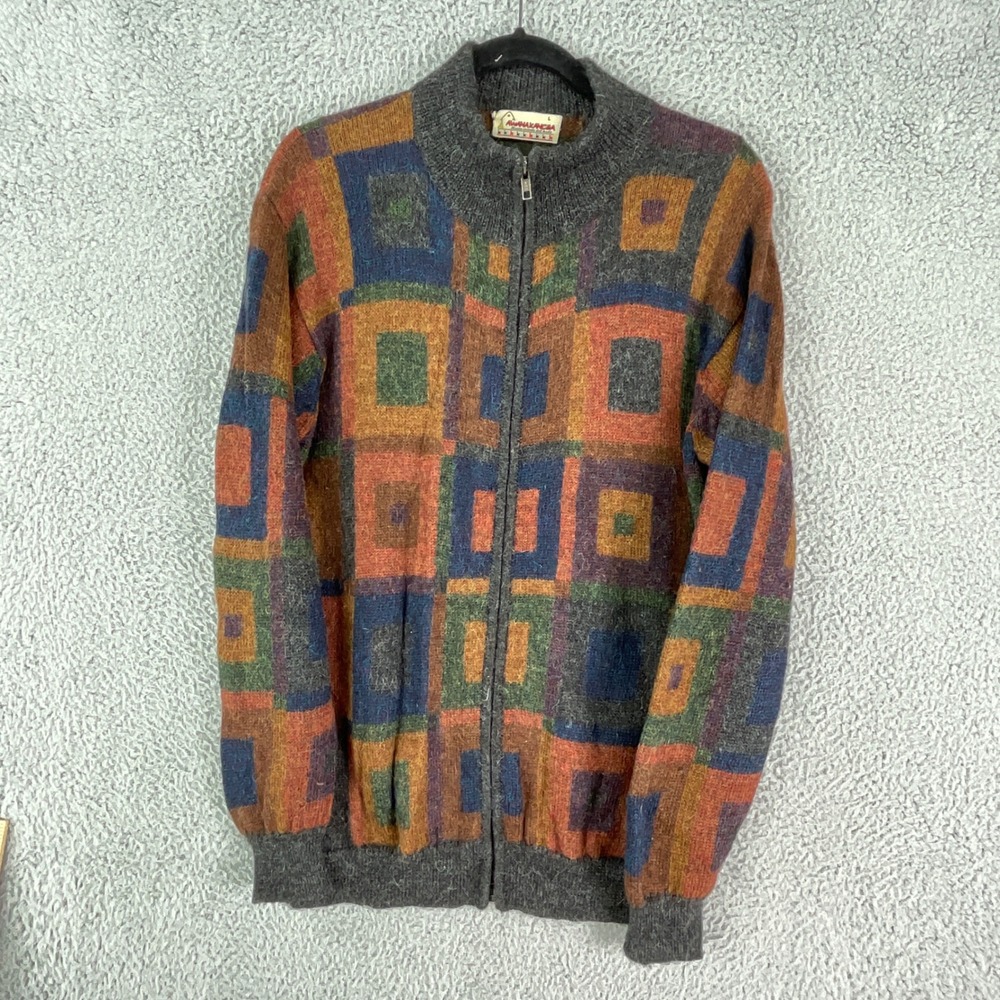 Awanakancha Cardigan Women L Multi Color Baby Alpaca Zip Geometric Peru Sweater